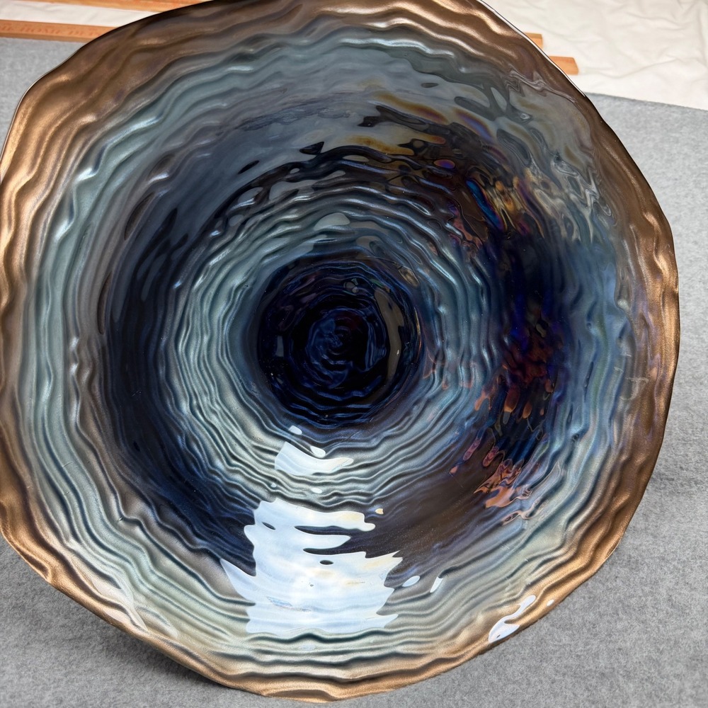 Iridescent Blue and Bronze Glass Centerpiece Bowl Rippled Scalloped Art Decor